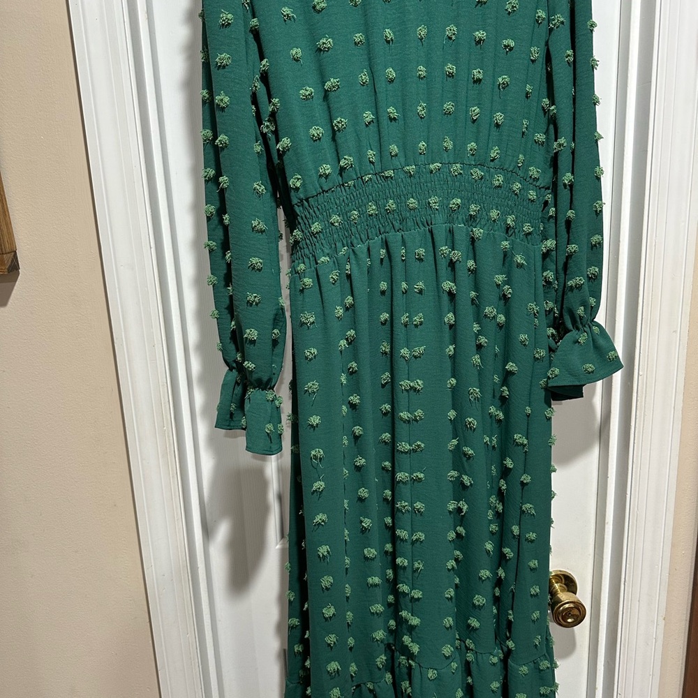 Green Textured Long Sleeve Dress